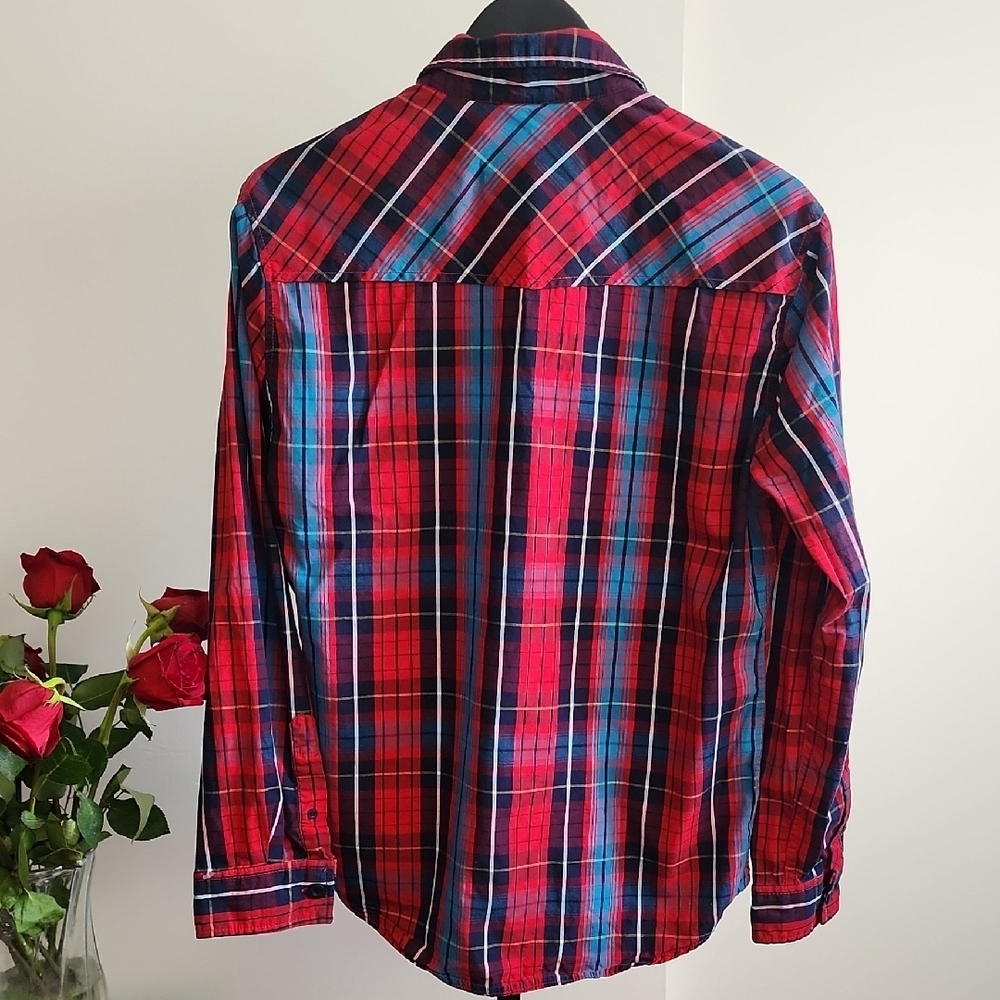 JNCO Red Blue Plaid Button Down Shirt Y2K Streetwear - Picture 4 of 4